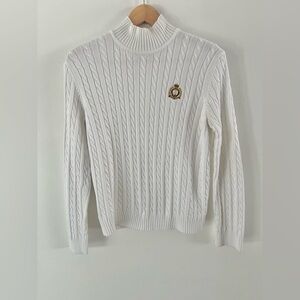 Lauren Ralph Lauren White Cable Knit Turtleneck Embroidered Crest Sweater Large